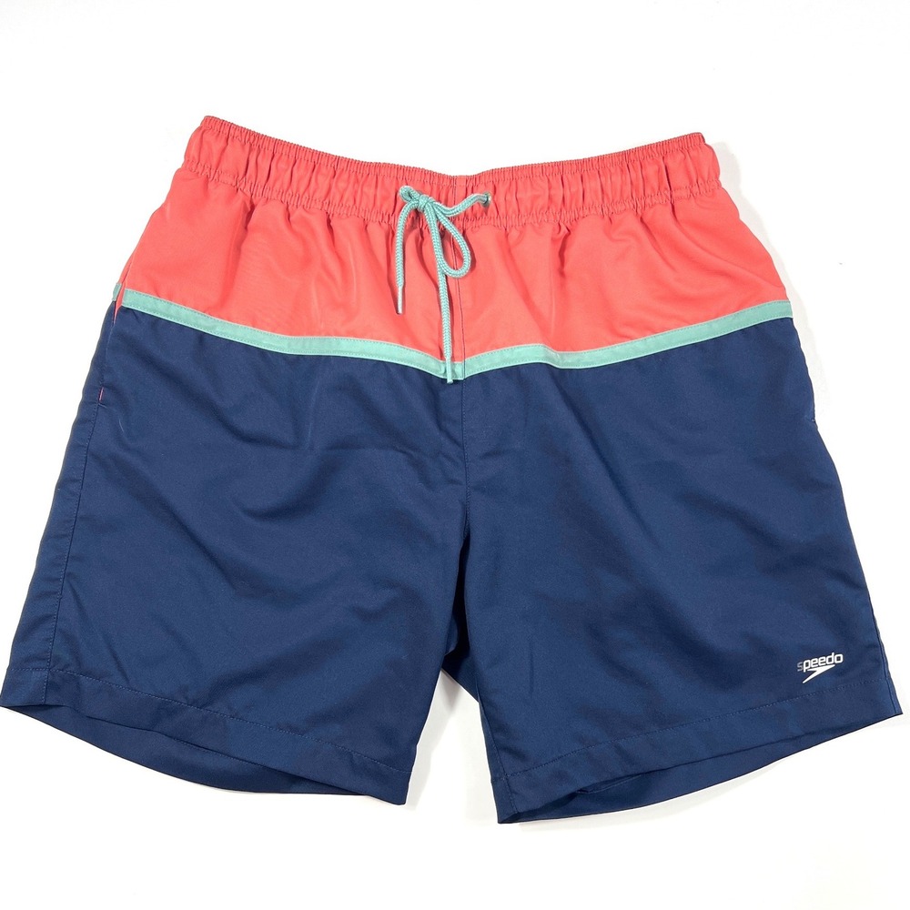 Speedo Mens Swim Trunks Colorblock Board Short Navy Coral Large Beach Summer EUC
